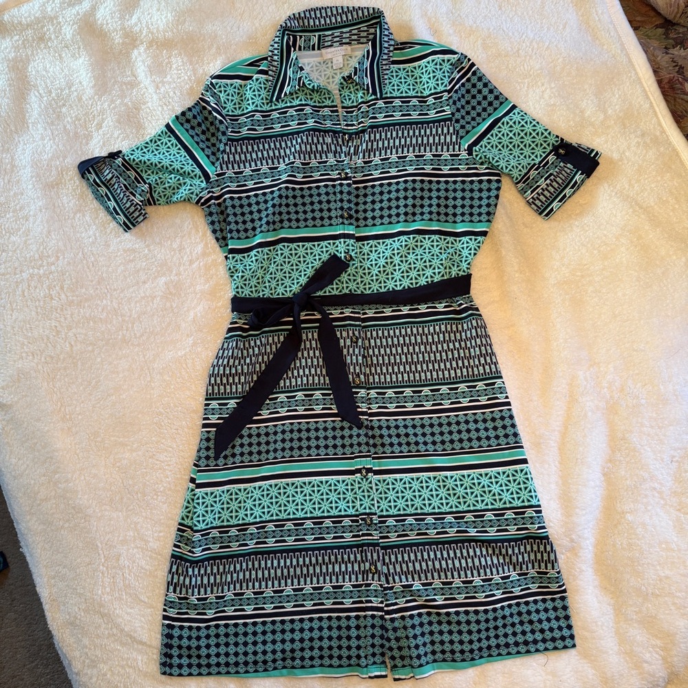 Charter Club Teal and Navy Patterned Knee-Length Dress, Petite Large